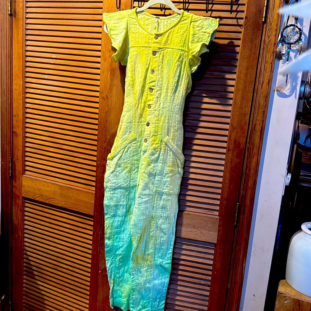 Free People Linen Jumpsuit *Hand Dyed* ombre Lemon & Lime 🍋🍋‍🟩